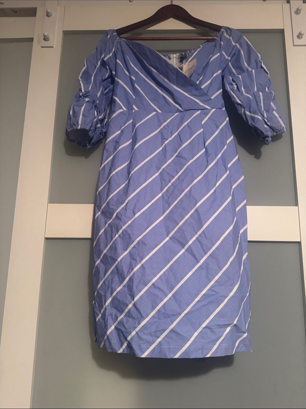 Blue and White Diagonal-Stripe Puff-Sleeve Mini Dress